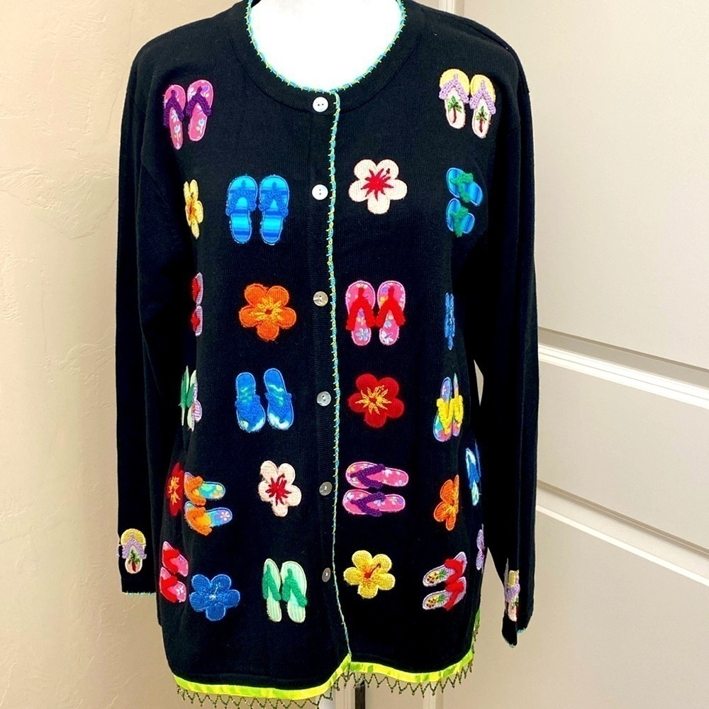 VTG Embroidered Cardigan Novelty Sweater Womens L 90’s Y2K Quirky Beach Artsy